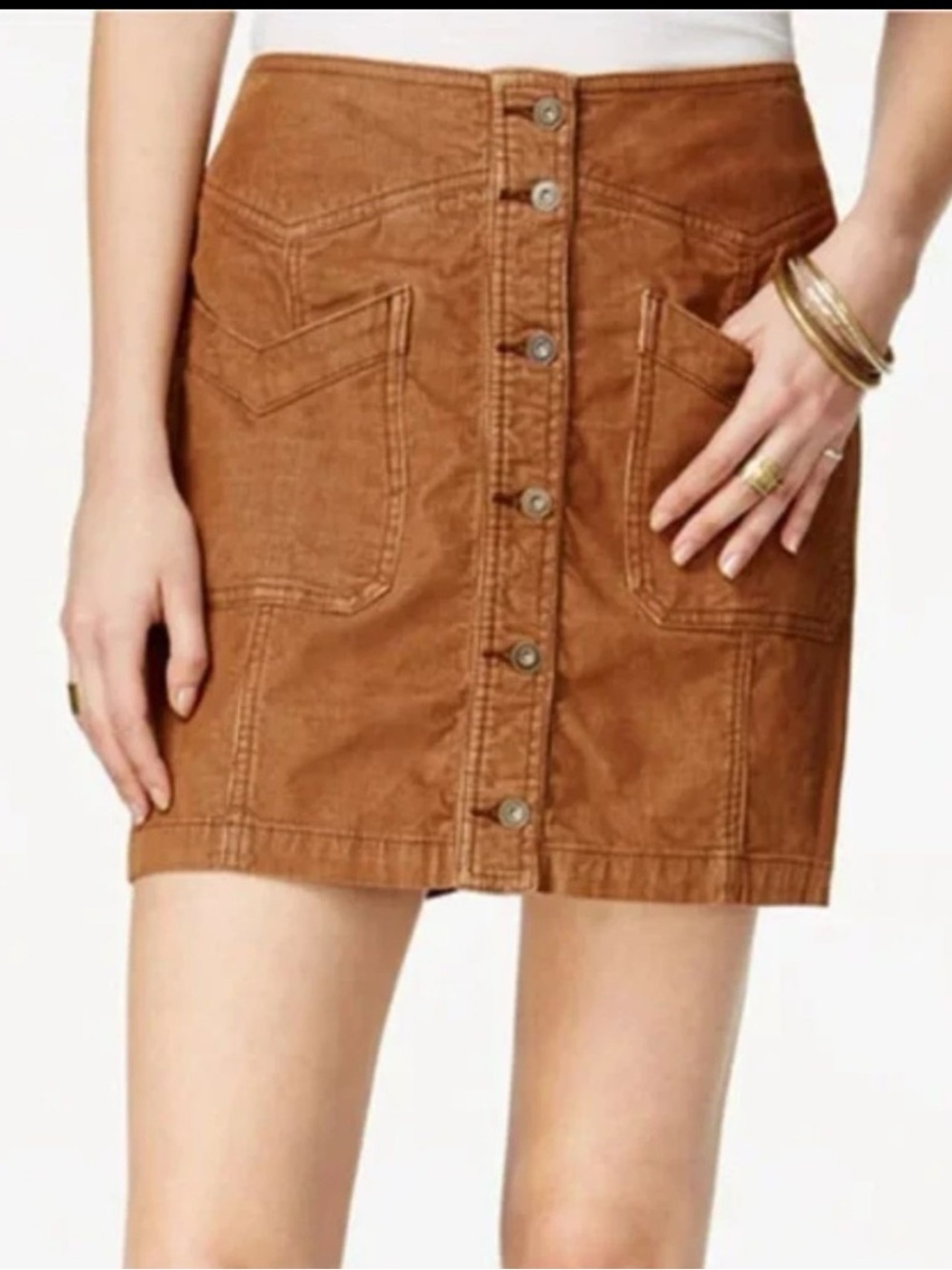 Free People Come A Little Closer Corduroy Button Front Mini Skirt W2 brown - Picture 2 of 8